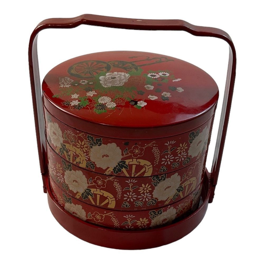 Vintage Retro Bento Box Red Enamel Floral 3 Pieces Lid and Holder - Picture 1 of 14
